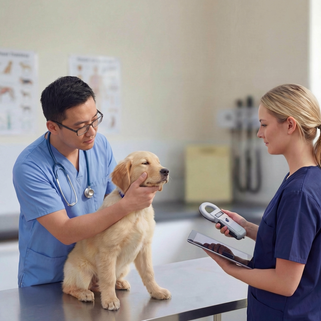 Professional veterinarians examining a puppy