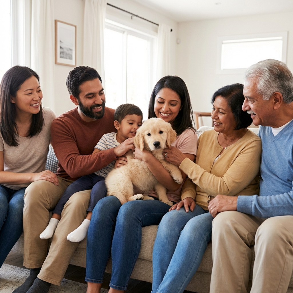 Happy family with a golden retriever puppy